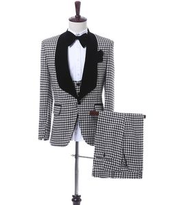 Houndstooth Men Wedding Tuxedos Black Shawl Lapel Side Vent Groom Tuxedos High Quality Men Prom/Dinner/Darty Dress(Jacket+Pants+Tie+Vest)66