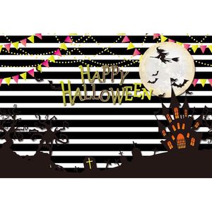 Black and White Striped Photography Backdrop Printed Flags Full Moon Bats Old Castle Kids Happy Halloween Party Booth Background