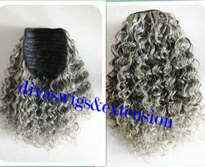 Short high kinky curly Silver grey two tone ombre hair weave ponytail hairpiece clip virgin gray drawstring ponytail hair extension 14inch