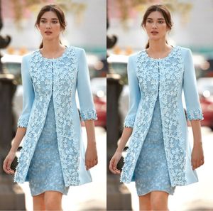 Two Pieces Light Blue Mother Of Bride Dresses 3D Applique Jewel 3/4 Sleeve Knee Length Mother Dress Capped