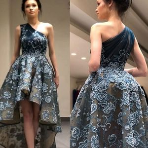 2018 One Shoulder High Low Prom Dresses Crystal Lace Appliqued Beaded A Line Evening Gowns Formal Short Party Dress