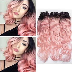 Wet and Wavy Virgin Brazilian Ombre Pink Human Hair Weave Bundles 3Pcs #1B/Pink Dark Root Ombre Human Hair Bundle Deals Water Wave