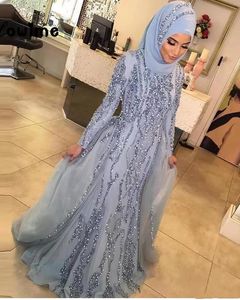 Luxo muçulmanos manga comprida Vestidos de noite com Hijab Cristal Mermaid formal do partido de Dubai turco árabe Prata Evening Vestidos Vestido de Festa