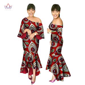 2019 Vestidos Africanos de Verão para Mulheres Ankara Um vestido de ombro Batik Cera Imprimir Sleeves Shuffle Sleeves Sereia e Maxi Vestido WY2247