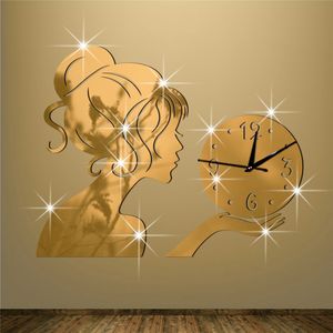 Wall clock The clock on the wall Originality fashion Technology Mirror girl Mirror stickers Clocksandwatches Wall stickers
