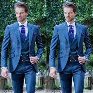 Custom Design Two Button Blue Wedding Groom Tuxedos Peak Lapel Groomsmen Mens Dinner Blazer Passar (Jacka + Byxor + Vest + Tie) No: 1540