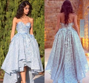 2018 Prom Dresses Sweetheart High Low Lace Appliques 3D Flowers Ball Gown Puffy Party Dress Plus Size Light Sky Blue Backless Evening Gowns