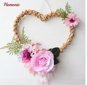 Naturalne dekoracyjne wieńce Naturalne na wesela Suszone Wiklinowe wieniec wiszące dekoracji materiałów ślubnych z różowymi płatkami kwiatów