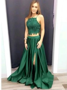 Abiti da sera sexy verde scuro per ragazze in festa Due pezzi di pizzo con cinghie Abito da celebrità formale da ballo economico in raso con spacco alto