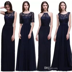 Navy Blue Custom Made 4 Styles Lace and Chiffon Floor Length Bridesmaid Dresses Halter Sleeveless A-Line Wedding Guest Dresses