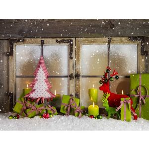 Wood Window Snowflakes Christmas Backdrops Winter Snow Printed Red Green Elks Balls Presents Pine Tree Baby Kids Backgrounds