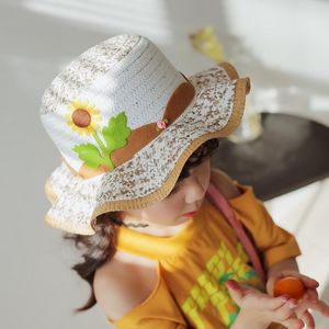 6 Color nice breathable children straw hat with cartoon sunflower creative baby hats girls bucket hat kids beach hat Wavy edge cap free ship