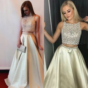 Top Beaded two piece prom dresses Arabic Neckline Silk Satin Full Length Evening Gowns Crystal Open Keyhole back Sexy Holiday Summer garden