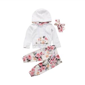 Spädbarn Toddler Girl Clothes 2018 Helt nya nyfödda barnflickor Kläder Floral Tracksuit Hooded Toppar + Leggings Byxor + Headband 3pcs Outfits