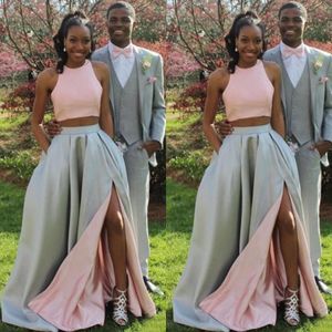 2018 ungdomlig svart tjej två bitar prom klänningar lång billig rosa topp silver grå kjol med fickor sida split formella festklänningar en20710