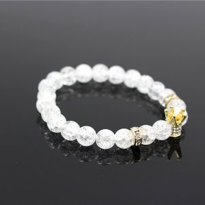 Micro Pave White CZ Gold Color King Crown Charm Bracelet Men Dull Polish White Popcorn Stone Bead Bracelet Jewelry For Women