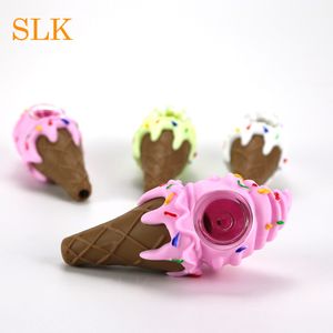 Write green pink Ice cream cone smoking pipe oil burner with glass screen PET clear box package straight silicone pipe stock in USA