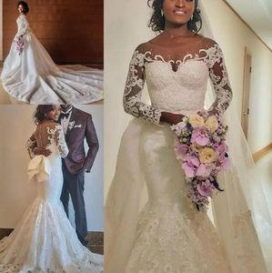 Plus Size Mermaid African Lace Wedding Dresses 2019 Detachable Train Beaded Pearls Nigeria Arabic Overskirt Bridal Gowns With Big Bowknot