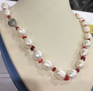 Mão Knotted Bonito 10-11mm Branco Água Fresco Arroz Cultured Pearl Red Coral Colar 45cm moda jóias 2pc / lote