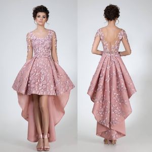Chic High Low Lace Prom Klänningar Scoop Neck med långa ärmar Beaded Aftonklänningar Vestidos de Fiesta 3D Appliqued Formell klänning