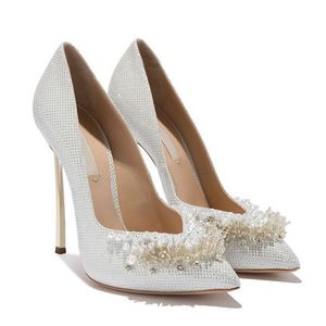 Luxury Beaded Women Wedding Shoes Bridal High Heels Gold White Sexy Bling Shoe Slip On Pointed Toe Glitter Pearls Rhinestone Pumps Metal Heel Stilettos Escarpins