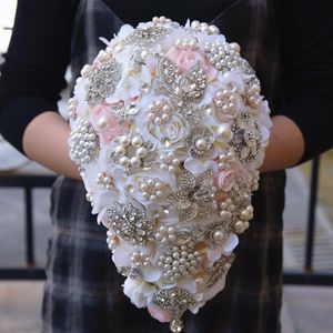 Flores Artificiais Flores de Casamento 2019 Bridal Broche Bouquet de Noiva Rosa Fita Buquê Buquê Tamanho 22 * ​​33 Cm Flores