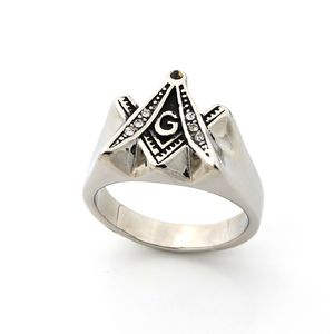 Gold Silver Stainless Steel Masonic Freemason AG Emblem Rings with Crystal CZ Stones Religious smycken unika broderliga gåvor