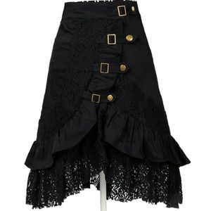 2018 Fashion Women High Waist Skirts Ladies Gothic Victorian Black Floral Lace Patchwork Asymmetrical Ruffles Skirts Plus Size