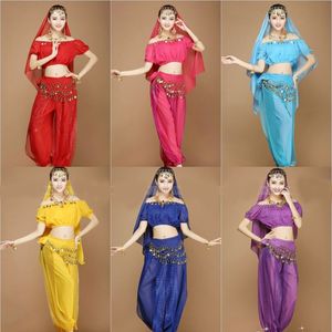 New Sexy Women Adult Arabic Indian Egyptian Cheap Belly Dance Costumes Set 4 Pieces Crop Top Harem Pants Hip Scarf Veil