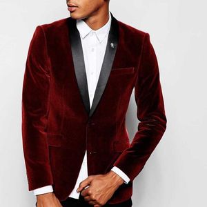 Stylowy Design Groom Smokingi Dwa Przycisk Dark Czerwony Velvet Szal Kapel Groomsmen Najlepszy człowiek Garnitur Męskie Garnitury Ślubne (Kurtka + Spodnie + Krawat) No: 872