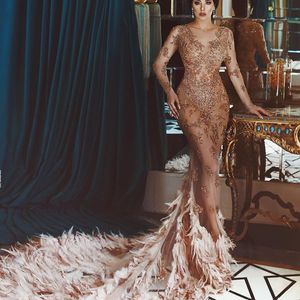 Seksowne Dubaj Mermaid Prom Dresses Koraliki Aplikacja Długie Sleees Zobacz Przez Party Dress Glamorous LXUXRY Pióro Train Celebrity Suknia