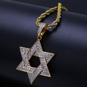 Hip Hop Men Gold Color Star Of David Plated Necklace Micro Pave Iced Out CZ Stone Pendant Necklaces with Rope Chain