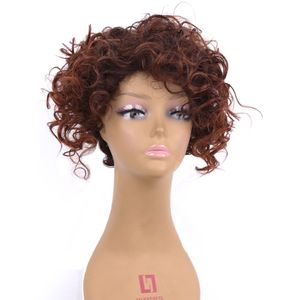 Fashionshort Kıvırcık Sentetik Saç Afro Peruk Ile Ombre Kahverengi Jerry Curl Peruk Siyah Kadınlar Için Isıya Dayanıklı Kıllar Afrika Amerikan Peruk Cosplay