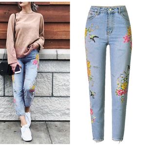 Новые джинсы моды Женская одежда 3D цветочные вышивка джинсовые брюки высокая талия прямые винтажные разорванные дамы тонкие джинсы брюки S18101604