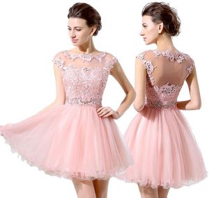 Junior 8th Grade Party Dresses Cute Pink Short Cocktail Dresses Cheap A-Line Mini Tulle Lace Beads Cap Sleeves Bateau Homecoming Dresses