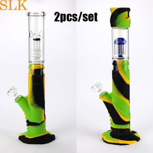 Zusammenklappbare Doppel-Perkolator-Silikonbong-Wasserpfeife mit Silikonboden, 14 mm Glas-Down-Stiel, Dab-Rig, berauschende Bohrinseln, 2 Stück/Menge