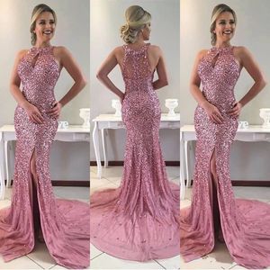 Sparkly Bling Rose Pink Mermaid aftonklänningar bär sexig nyckelhål kristallmor pärlor sida split plus size prom party klänningar anpassade