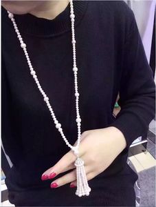 ハンドノットナチュラルロング80cm 4-5mm 7-8mm白い淡水真珠女性タッセルネックレス新しいスタイル