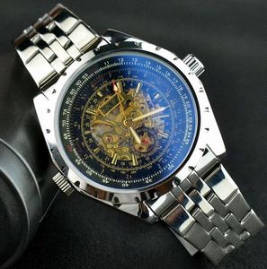 JARAGAR Goldene Skeleton Uhren Männer Marke Luxus Silber Edelstahl Auto Selbst wind Mechanische Uhr Sport Relogio Masculino