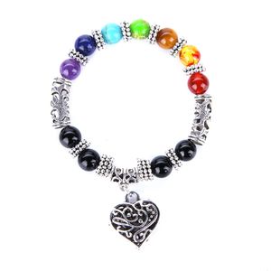 7 Chakra Bracelet Heart Heart Charm Bracelets Wrist Mala Mala Breads Stone Yoga Bracelete Chakra Jóias para homens