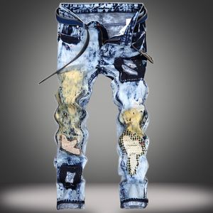 Men's jeans splash ink hole straight self cultivation old color matching patch men trousers plus size