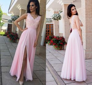 Ganska rosa kväll brudtärna klänningar med slit chiffon v nacke applique ihålig tillbaka pläterad lång billig prom formell klänning klänningar ny