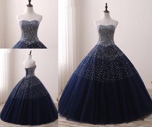 Real Photo Blu Navy Quinceanera Prom Dress Ball Gown per Sweet 16 Girls Party Bling Crystal Beaded Corsetto Indietro Abiti formali Tulle