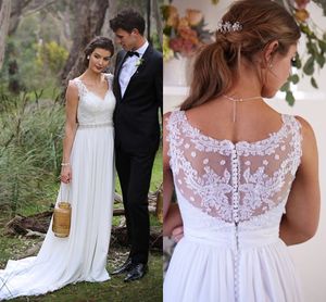 Moda Boho Szyfonowy Tanie Suknie Ślubne Hollow Back Aplikacja Koronki Kryształowe Dżetki Ribbon Kraj Wedding Bridal Dress Suknie Plus Rozmiar