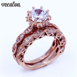 Vecalon jóias vintage mulheres anel conjunto 3ct diamonique cz rosa ouro enchido 925 aniversário de casamento de prata anel para mulheres homens
