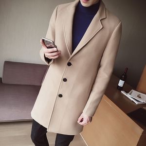 S-5XL erkek düz renk yün ceket ingiltere orta uzun mont ceketler slim fit erkek homme kış palto yün ceket Korece