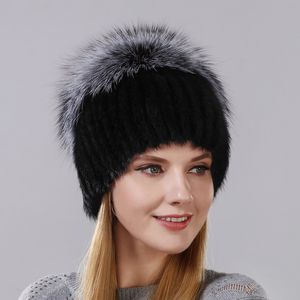 女性のためのホットスタイルの女性ミンクの毛皮のキャップ冬の暖かい帽子の垂直ニットミンクトップ帽子の上の銀のキツネの部分が少ない