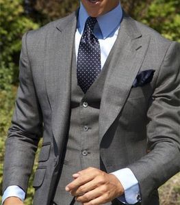 Fashion Grey Men 3 Piece Suit Wedding Tuxedos Excellent Groom Tuxedos With Peak Lapel Two Button Men Blazer(Jacket+Pants+Tie+Vest) 465