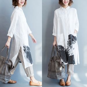 Autumn fat girl shirts loose plus size was thin Chinese style ink painting printing casual lapel long cotton and linen shirt women