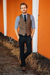 Jesień Winter Style Brown Wool Tweed Groom Kamizelka Formalna Kamizelka męska Doskonałe Mężczyźni Wedding Wear Oblubienica Kamizelka Casual Slim Vest 11